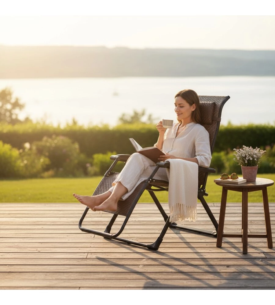 SDRAIO PIEGHEVOLE RECLINABILE CON BRACCIOLI EUROGARDEN "GRAVITY" IN RATTAN MARRONE 95X68X113 CM