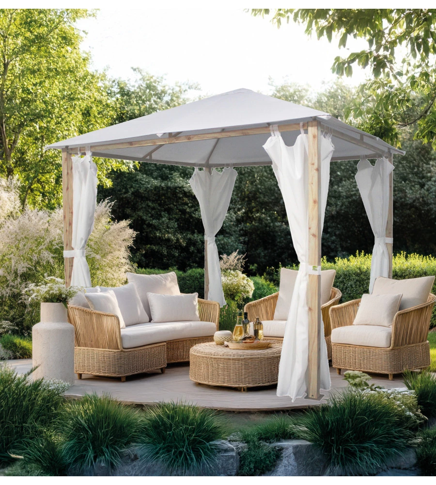 GAZEBO DA ESTERNO CON TENDE LATERALE EUROGARDEN "TRENTO" IN ALLUMINIO EFFETTO LEGNO 3X3 M