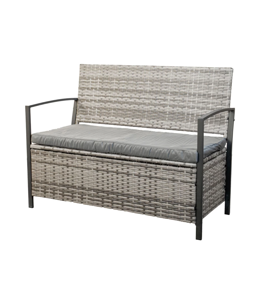 PANCHINA DA ESTERNO EUROGARDEN "MAIA" IN METALLO E PE RATTAN CON CONTENITORE E CUSCINO GRIGIO, 118X58X87 CM