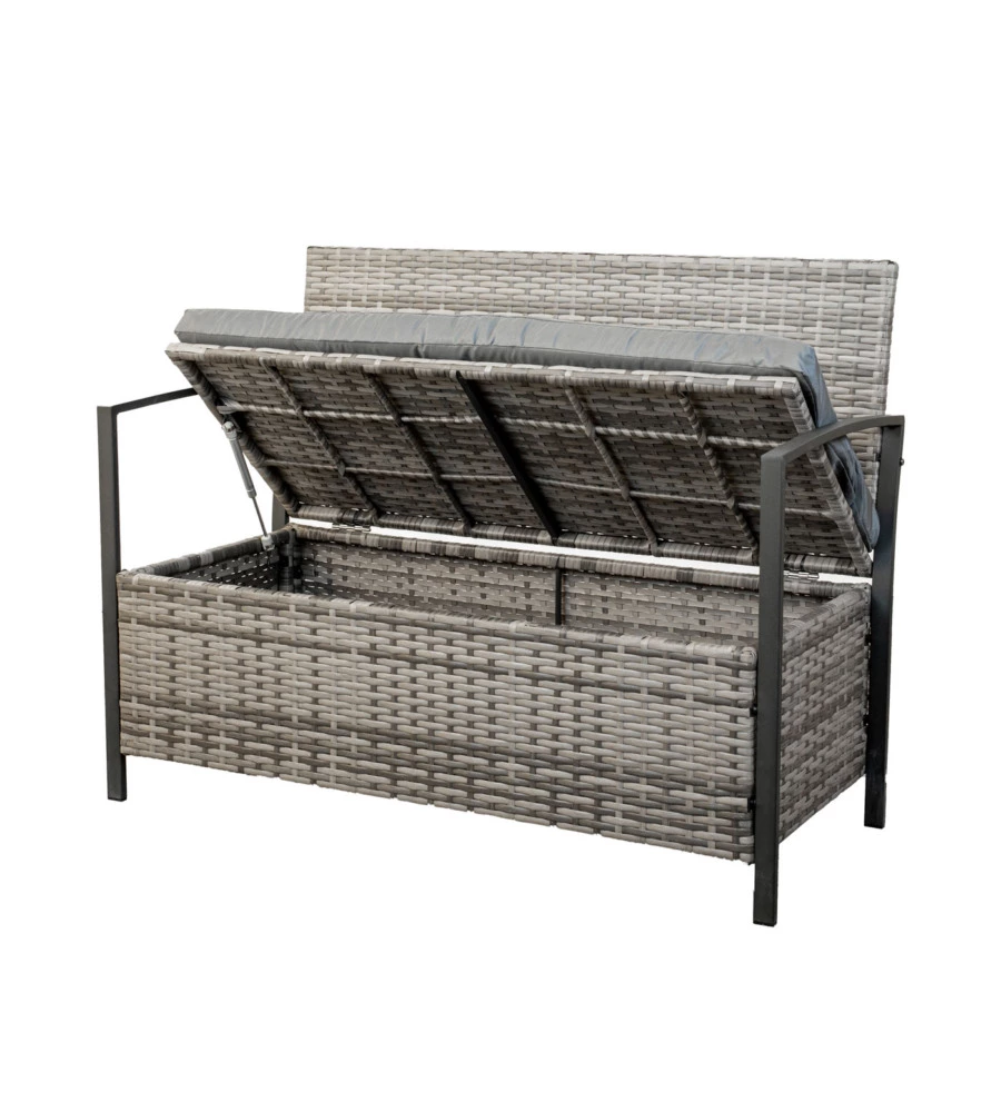 PANCHINA DA ESTERNO EUROGARDEN "MAIA" IN METALLO E PE RATTAN CON CONTENITORE E CUSCINO GRIGIO, 118X58X87 CM