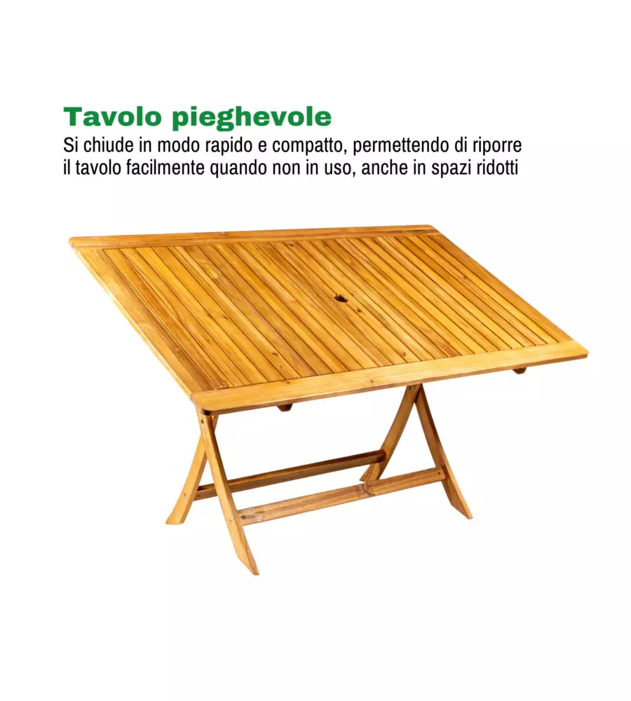 TAVOLO DA ESTERNO RETTANGOLARE PIEGHEVOLE EUROGARDEN "TRAPANI" IN LEGNO DI ACACIA 150X90X75 CM