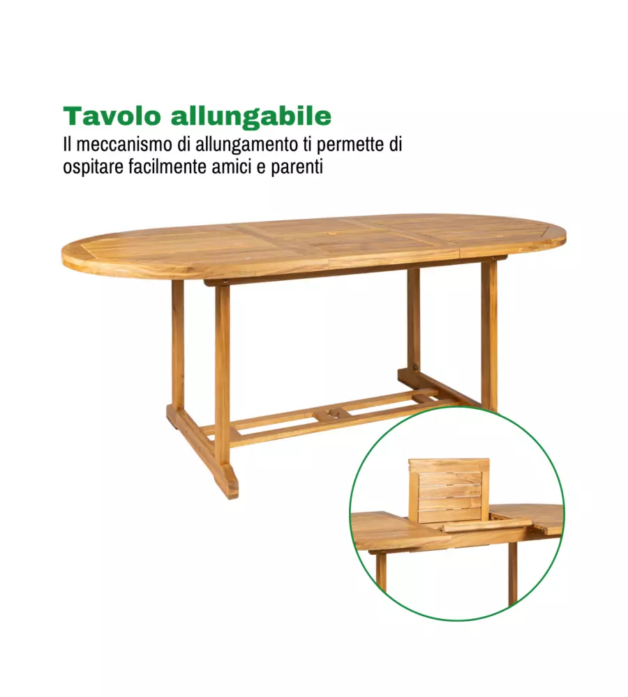 TAVOLO DA ESTERNO ALLUNGABILE EUROGARDEN OVALE IN LEGNO  DI ACACIA 150/200X100X75 CM