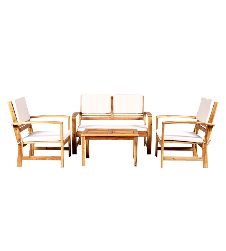 SET DA GIARDINO EUROGARDEN "SASSARI" IN LEGNO CON CUSCINI BEIGE 4 SEDUTE E TAVOLINO