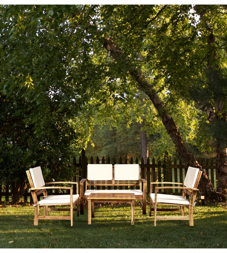 SET DA GIARDINO EUROGARDEN "SASSARI" IN LEGNO CON CUSCINI BEIGE 4 SEDUTE E TAVOLINO