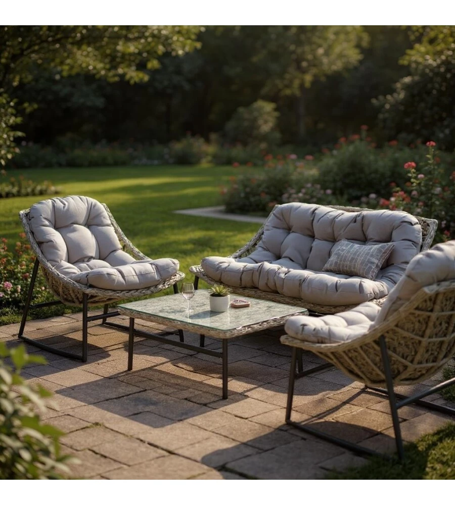 SET DA GIARDINO EUROGARDEN "LAS VEGAS" IN METALLO E PE RATTAN GRIGIO CON CUSCINI 4 SEDUTE E TAVOLINO