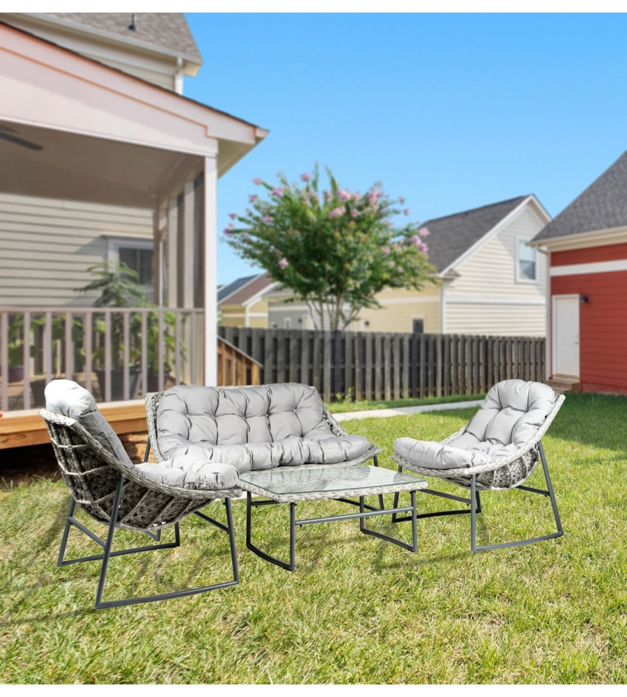 SET DA GIARDINO EUROGARDEN "LAS VEGAS" IN METALLO E PE RATTAN GRIGIO CON CUSCINI 4 SEDUTE E TAVOLINO