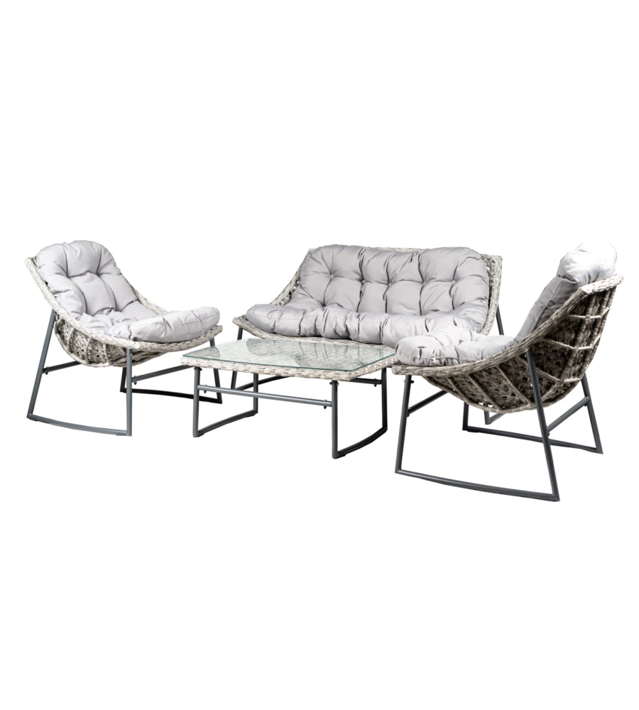 SET DA GIARDINO EUROGARDEN "LAS VEGAS" IN METALLO E PE RATTAN GRIGIO CON CUSCINI 4 SEDUTE E TAVOLINO