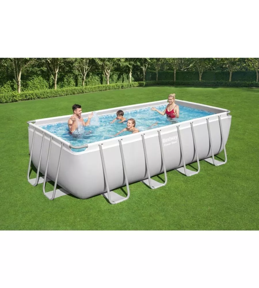 PISCINA FUORI TERRA CON STRUTTURA RETTANGOLARE BESTWAY "POWER STEEL FRAME" CON FILTRO A SABBIA, SCALETTA E TELO DI COPERTURA GRIGIO CHIARO 488X244X122 CM  - COD. 56671