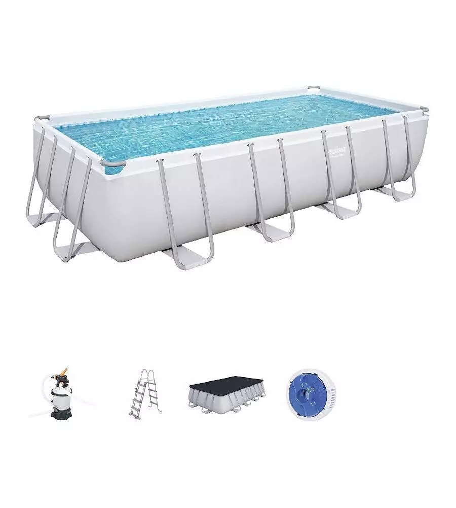 PISCINA FUORI TERRA CON STRUTTURA RETTANGOLARE BESTWAY "POWER STEEL FRAME" CON FILTRO A SABBIA, SCALETTA E TELO DI COPERTURA GRIGIO CHIARO 488X244X122 CM  - COD. 56671