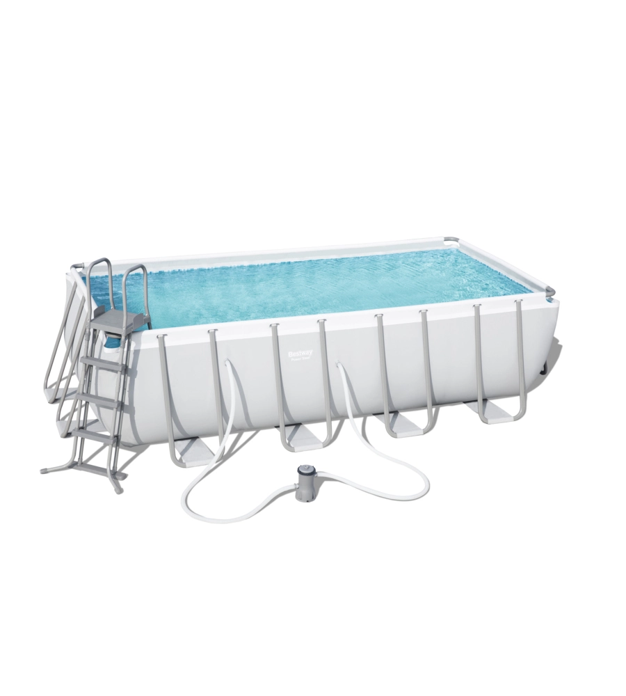 PISCINA FUORI TERRA CON STRUTTURA RETTANGOLARE BESTWAY "POWER STEEL FRAME" CON FILTRO A SABBIA, SCALETTA E TELO DI COPERTURA GRIGIO CHIARO 488X244X122 CM  - COD. 56671