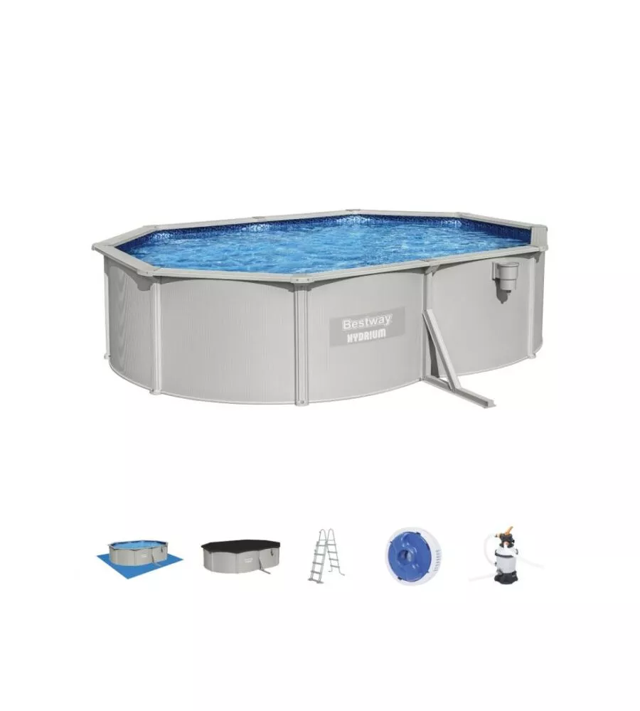 PISCINA FUORI TERRA ROTONDA BESTWAY "HYDRUM" 500X360X120 CM CON POMPA FILTRO A SABBIA COPERTURA, TAPPETINO BASE, SKIMMER, SCALETTA E DISPENSER CHEMCONNECT - COD. 56586