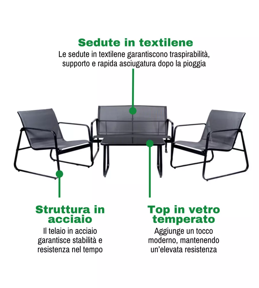 SET DA GIARDINO EUROGARDEN IN ACCIAIO E TEXTILENE GRIGIO 4 SEDUTE E TAVOLINO