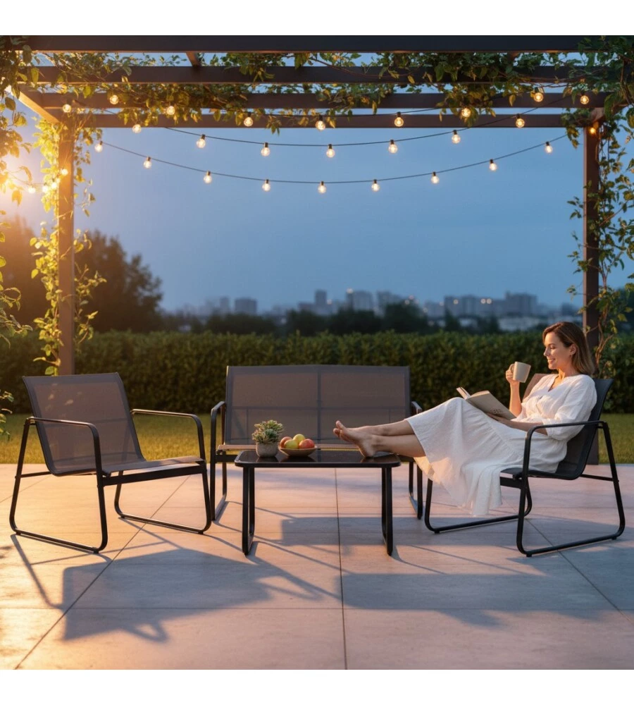 SET DA GIARDINO EUROGARDEN IN ACCIAIO E TEXTILENE GRIGIO 4 SEDUTE E TAVOLINO