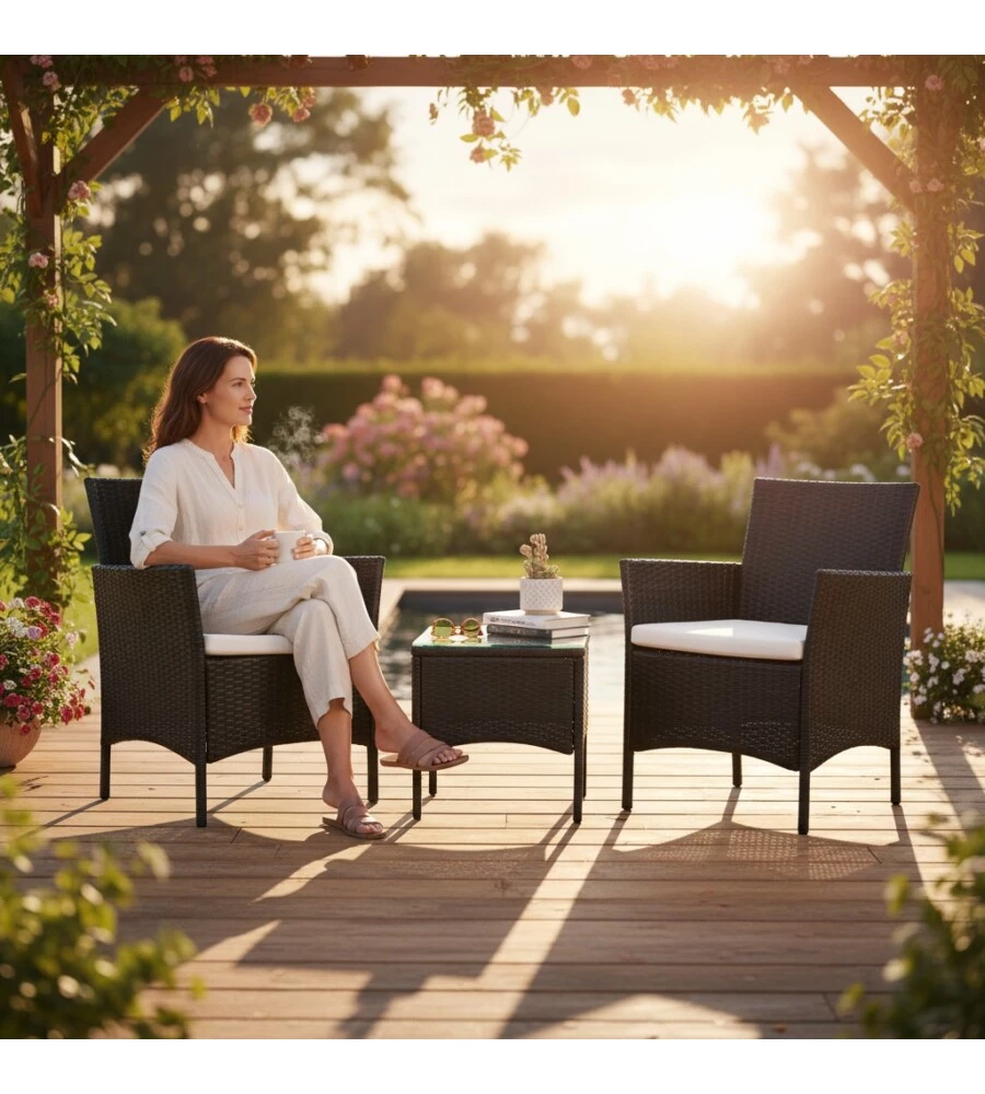 SET DA ESTERNO EUROGARDEN "LIPSIA" IN RATTAN CON CUSCINI GRIGIO 2 SEDUTE E TAVOLINO