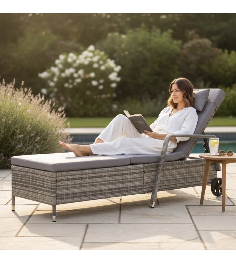 SDRAIO RECLINABILE EUROGARDEN "HOLIDAY" IN POLYRATTAN GRIGIO CON CUSCINI E RUOTE 210X66X33 CM
