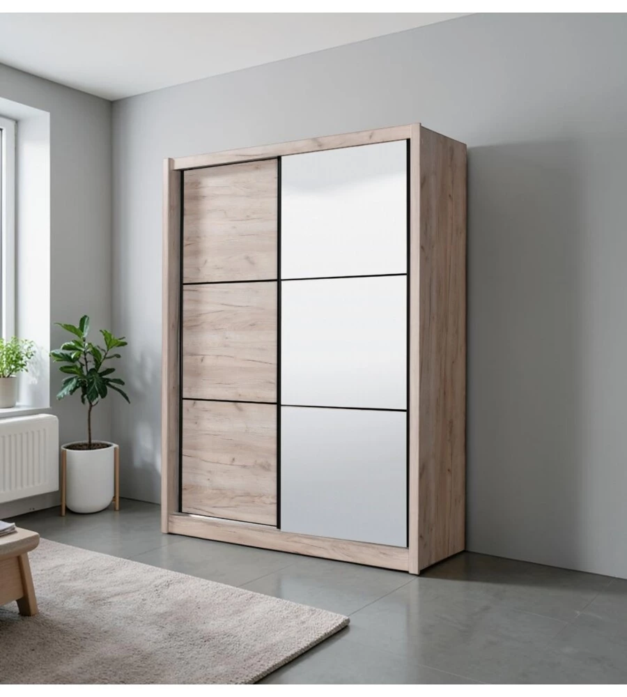 ARMADIO 2 ANTE SCORREVOLI "MADRID" CON SPECCHIO EFFETTO QUERCIA 166X60X215 CM