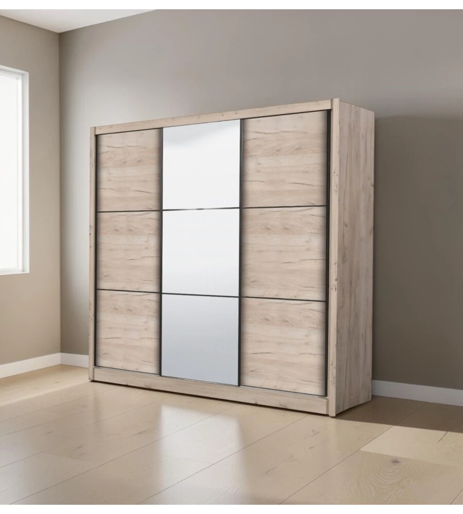 ARMADIO 3 ANTE SCORREVOLI "MADRID" CON SPECCHIO EFFETTO QUERCIA 242X60X215 CM