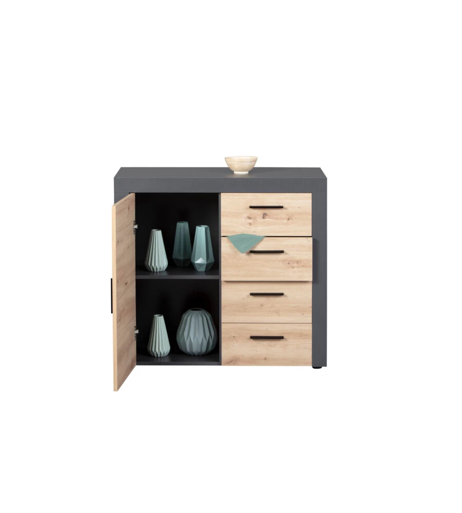 MOBILE BUFFET 1 ANTA E 3 CASSETTI GRIGIO E QUERCIA, 94X40X86 CM