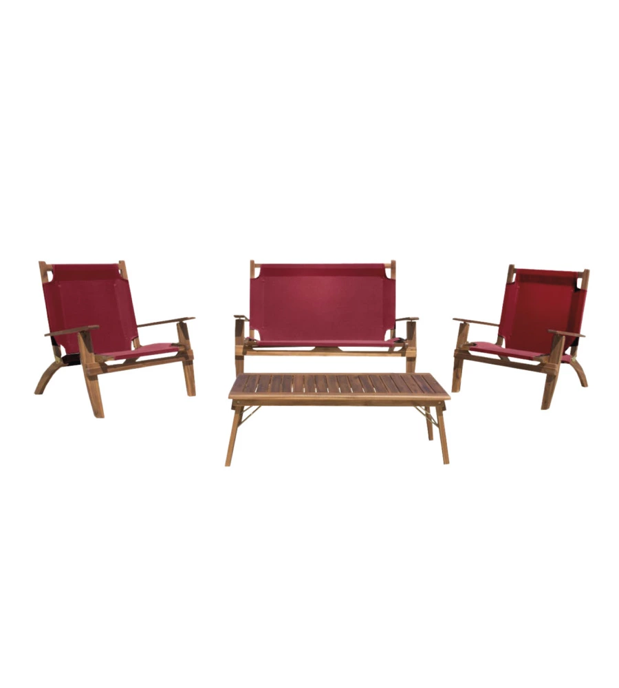SET DA ESTERNO PIEGHEVOLE EUROGARDEN "PRIMAVERA" IN LEGNO DI ACACIA E POLIESTERE BORDEAUX 4 SEDUTE E TAVOLINO