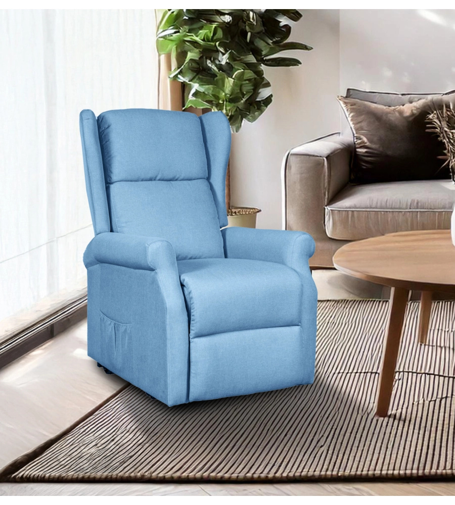 POLTRONA RELAX CON RECLINER ELETTRICO BELLAHOME "BERG" TESSUTO AZZURRO, 72,5X94X109 CM