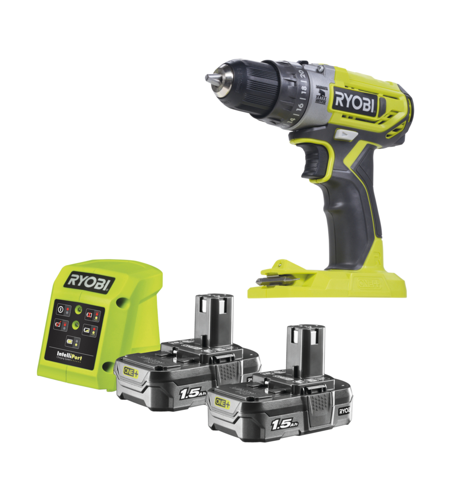 TRAPANO AVVITATORE A PERCUSSIONE A BATTERIA RYOBI "R18PD2-215G" 2 BATTERIE 18V 1,5AH E CARICABATTERIE