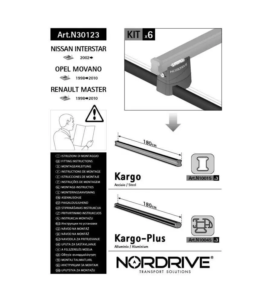 KIT ATTACCHI PER BARRE AUTO PORTATUTTO RENAULT MASTER 98>, OPEL MOVANO 98>,N  N30123