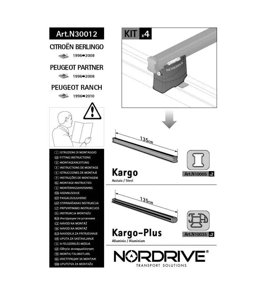 KIT ATTACCHI PER BARRE AUTO PORTATUTTO CITROEN BERLINGO 95>06 PEUGEOT PARTNE  N30012