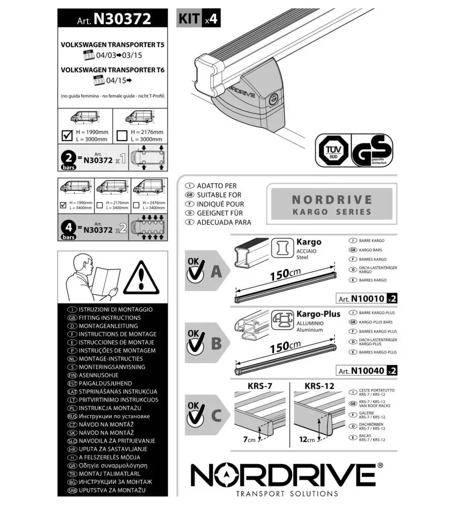 KIT ATTACCHI PER BARRE AUTO PORTATUTTO VOLKSWAGEN TRANSPORTER T5 03>15 TRANS  N30372