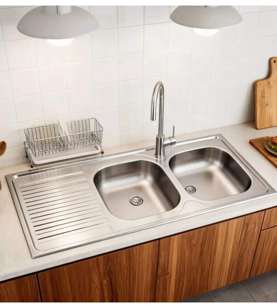 Lavello da cucina con doppia vasca a destra e gocciolatoio 120x50 cm