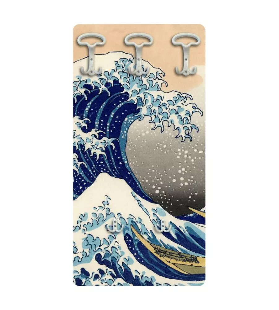 ATTACCAPANNI "HOKUSAI" IN LEGNO CON 5 GANCI, 45X90X1 CM