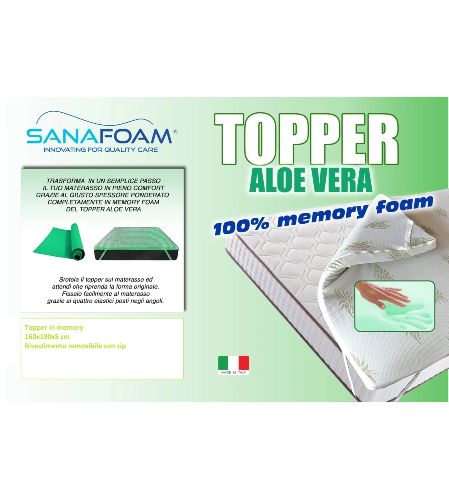 TOPPER MATRIMONIALE IN MEMORY FOAM CON ALOE 160X190 CM