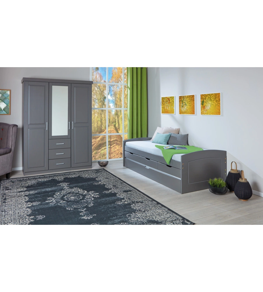 ARMADIO 3 ANTE E 3 CASSETTI IN LEGNO DI PINO MASSELLO GRIGIO, 140X55X190 CM