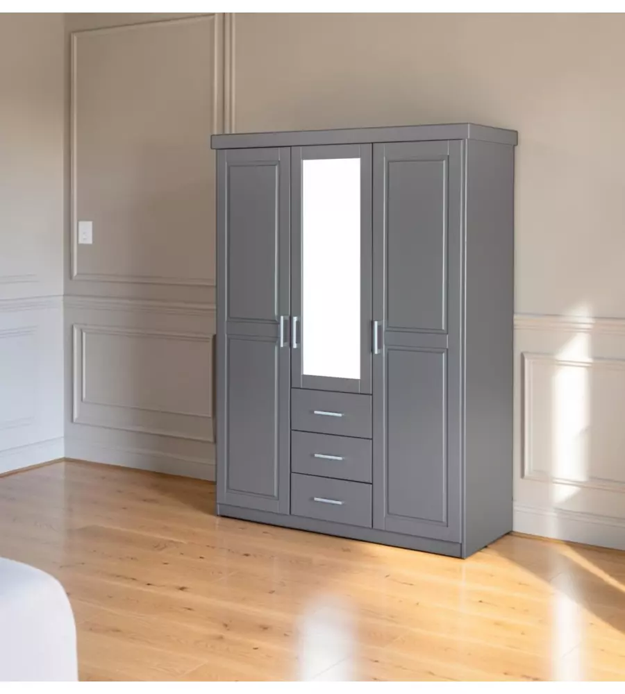 ARMADIO 3 ANTE BATTENTI CON 3 CASSETTI IN LEGNO DI PINO MASSELLO GRIGIO 140X55X190 CM