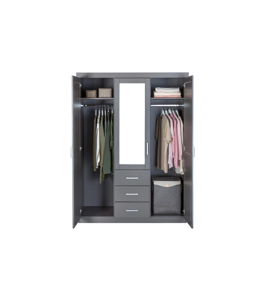 ARMADIO 3 ANTE E 3 CASSETTI IN LEGNO DI PINO MASSELLO GRIGIO, 140X55X190 CM