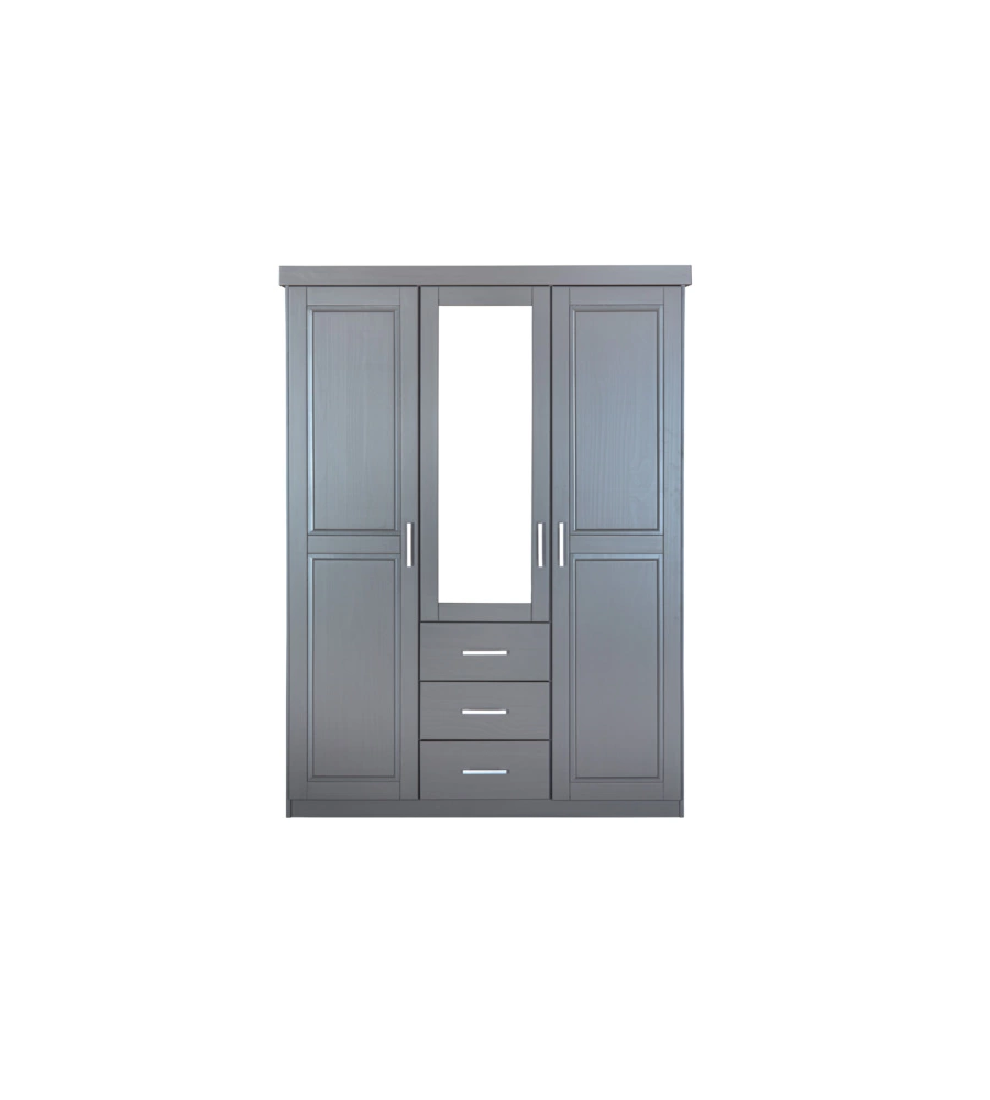 ARMADIO 3 ANTE E 3 CASSETTI IN LEGNO DI PINO MASSELLO GRIGIO, 140X55X190 CM