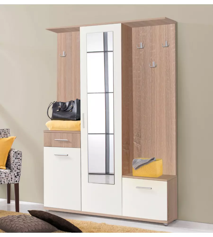 MOBILE DA INGRESSO "BARCELLONA" CON SPECCHIO EFFETTO LEGNO E BIANCO 133X33X197 CM
