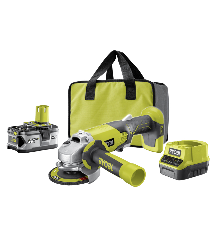 SMERIGLIATRICE A BATTERIA RYOBI "R18AG-140S" 18V 115MM, CON BATTERIA 4.0 AH E CARICABATTERIE