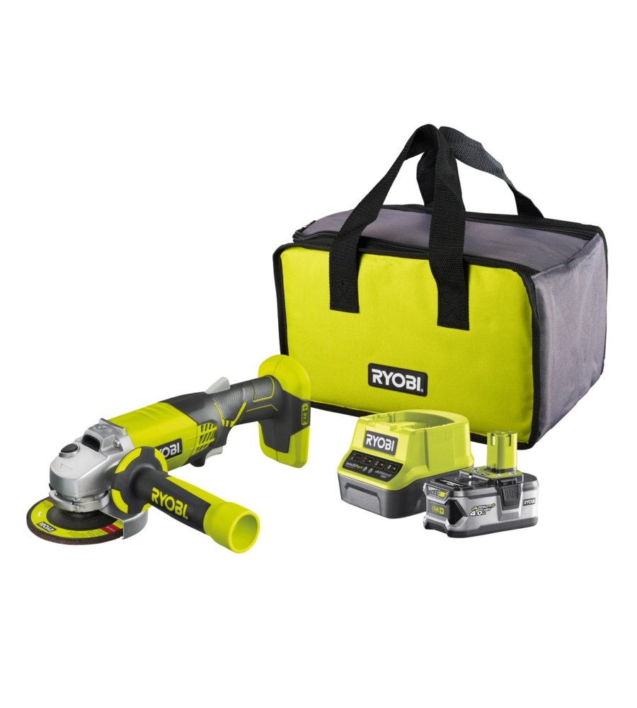 SMERIGLIATRICE A BATTERIA RYOBI "R18AG-140S" 18V 115MM, CON BATTERIA 4.0 AH E CARICABATTERIE