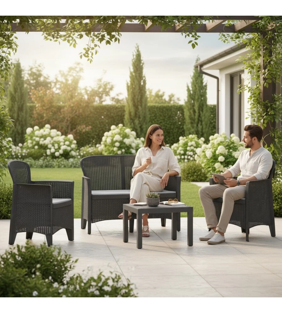 SET DA GIARDINO "JUNGLE" IN POLIPROPILENE CON CUSCINI ANTRACITE 4 SEDUTE E TAVOLINO