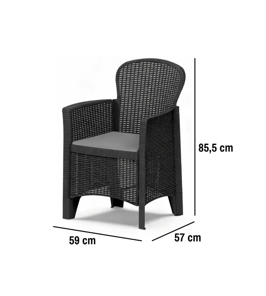 SET DA GIARDINO "JUNGLE" IN POLIPROPILENE CON CUSCINI ANTRACITE 4 SEDUTE E TAVOLINO