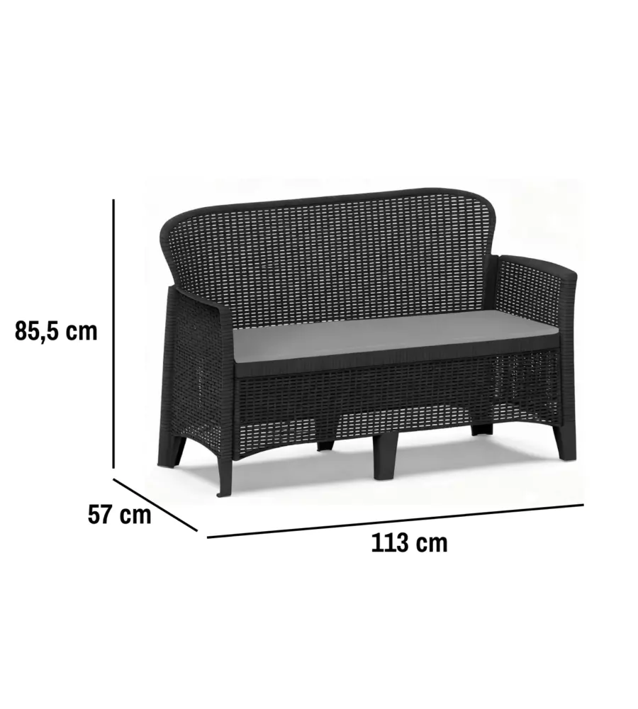 SET DA GIARDINO "JUNGLE" IN POLIPROPILENE CON CUSCINI ANTRACITE 4 SEDUTE E TAVOLINO