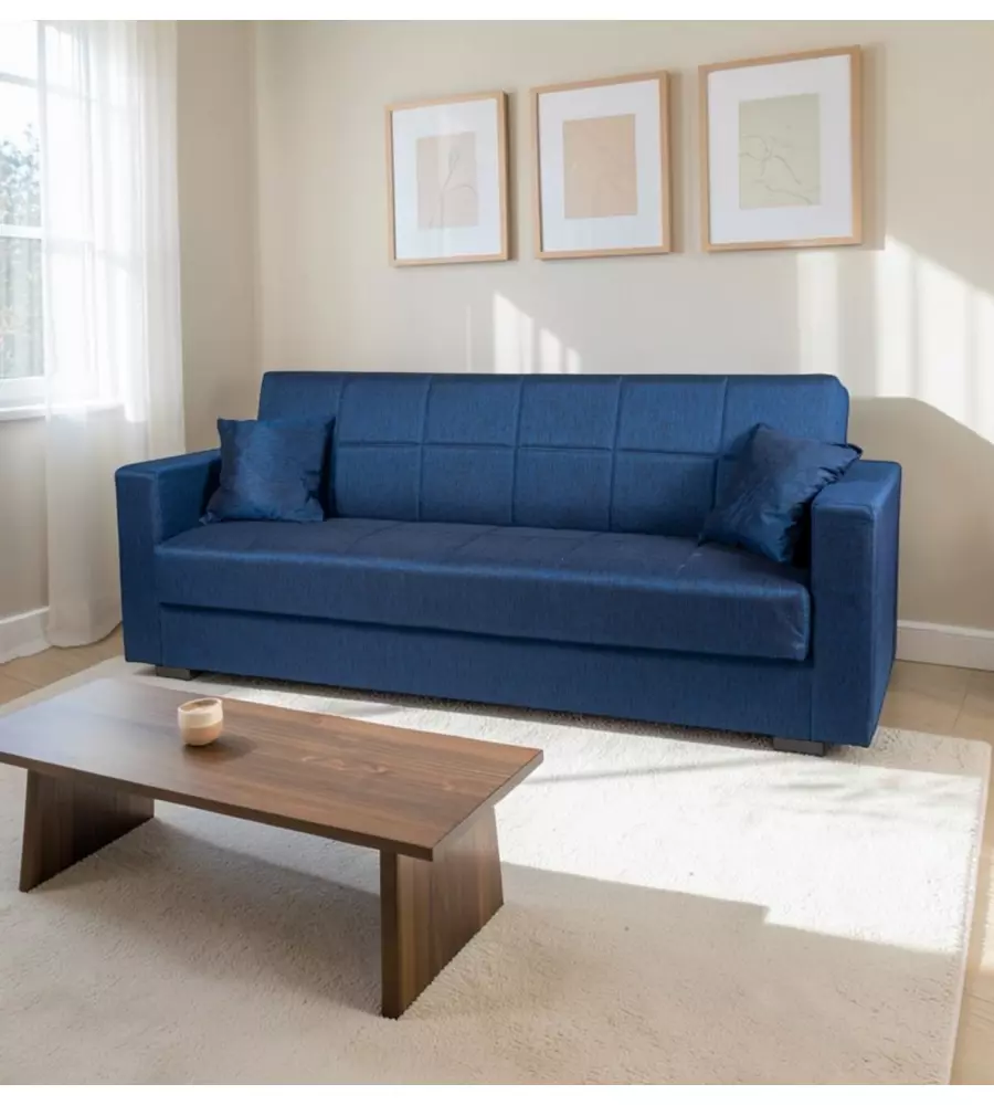DIVANO LETTO "NORA" 3 POSTI IN TESSUTO BLU, 212X80X87 CM