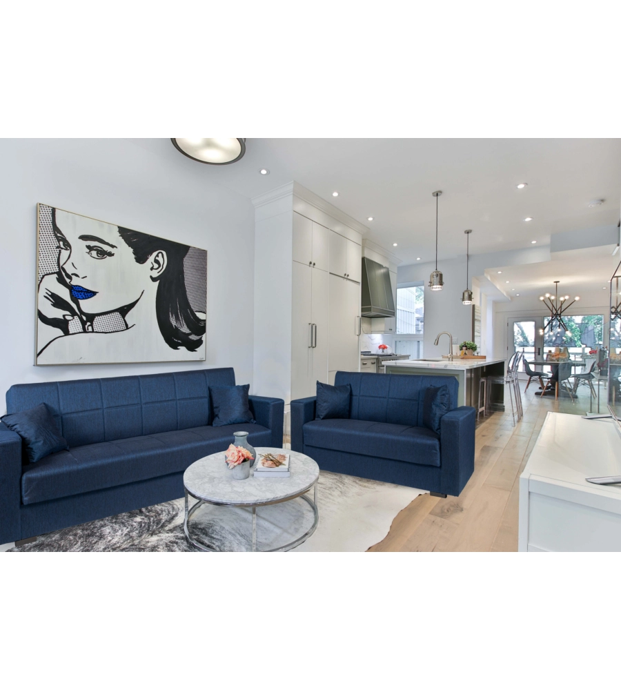 DIVANO LETTO "NORA" 3 POSTI IN TESSUTO BLU, 212X80X87 CM