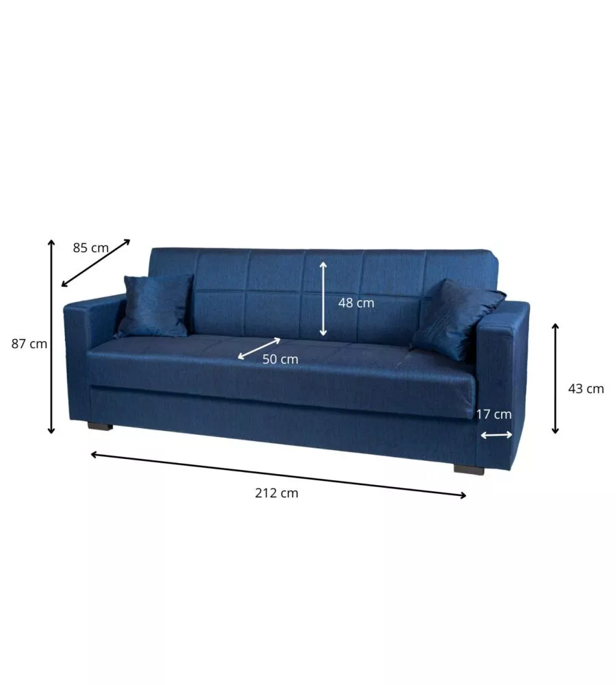 DIVANO LETTO "NORA" 3 POSTI IN TESSUTO BLU, 212X80X87 CM