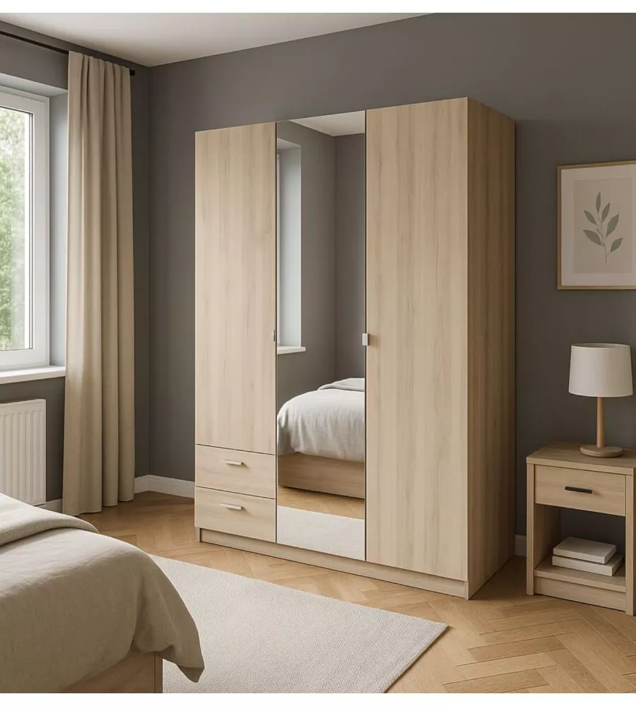 Armadio In Legno Organizzazione TORINO - Armadio 2 Ante Con Specchio Stile Camera Da Letto Moderna 90x50x180 2 Cassetti Armadio Autoportante Con Led