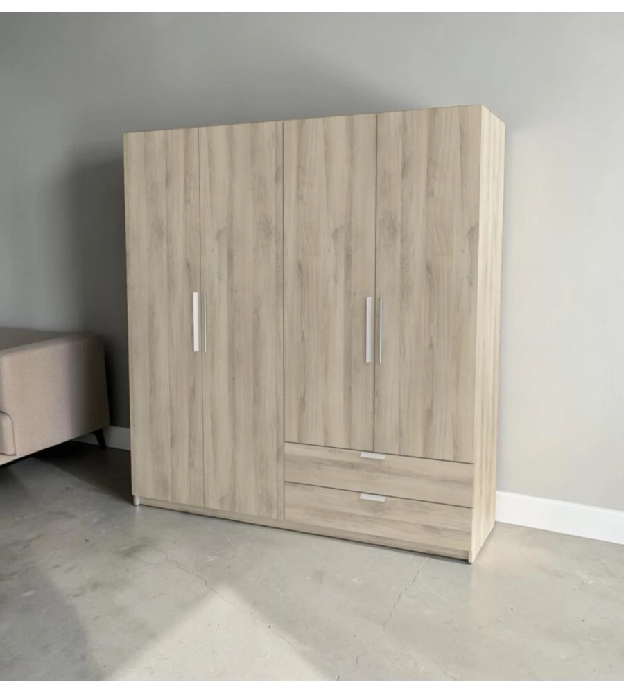ARMADIO 4 ANTE BATTENTI CON 2 CASSETTI EFFETTO QUERCIA 178X51,4X191,5 CM