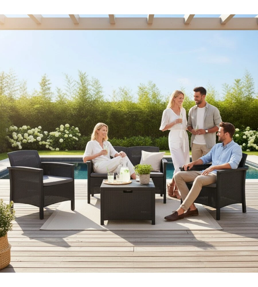 SET DA GIARDINO "MALINDI" IN POLIPROPILENE CON CUSCINI ANTRACITE 4 SEDUTE E TAVOLINO