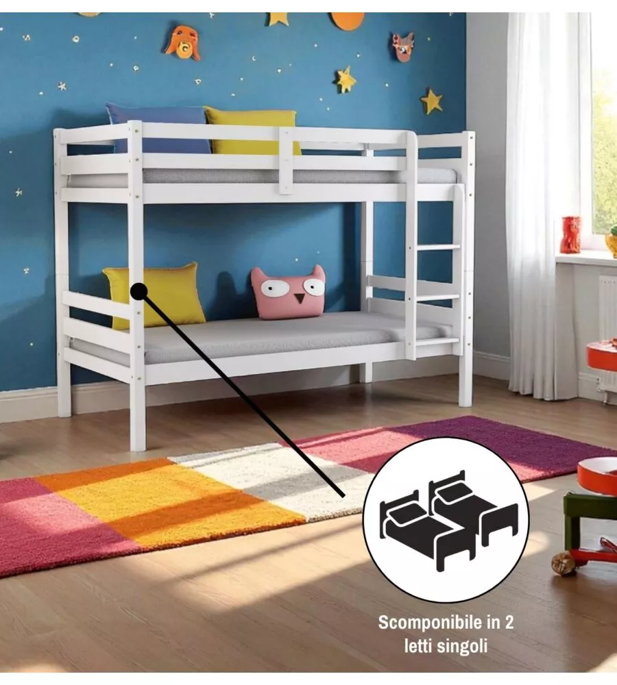 LETTO A CASTELLO "LIONE" IN PINO MASSELLO BIANCO LACCATO 199,5X97X150 CM