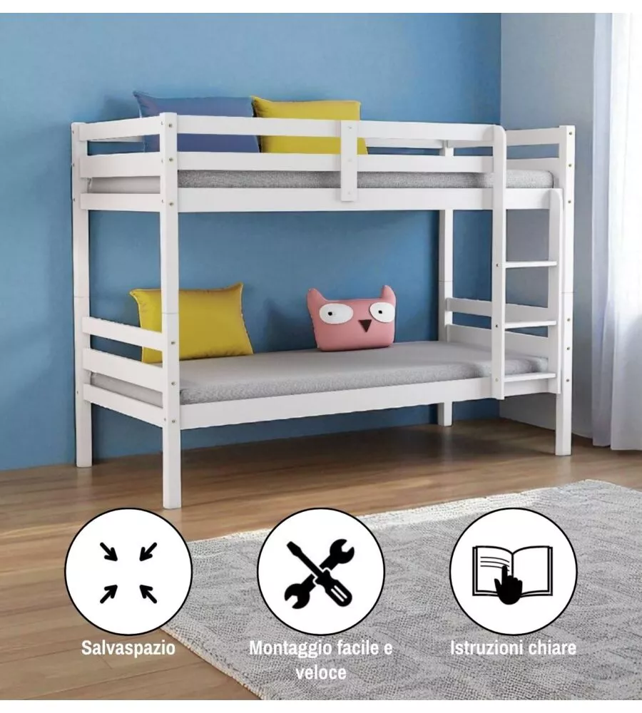 LETTO A CASTELLO "LIONE" IN PINO MASSELLO BIANCO LACCATO 199,5X97X150 CM