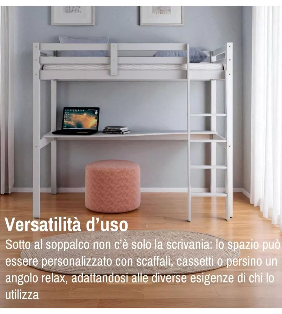LETTO A SOPPALCO CON SCRIVANIA "NIZZA" IN PINO MASSELLO BIANCO LACCATO 202X98X176 CM